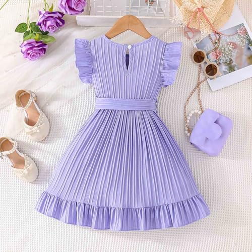 Girls Summer Dresses Wave Trim Flutter Sleeve Round Neck Dress with Belt Lightweight Flowy Casual Dress3