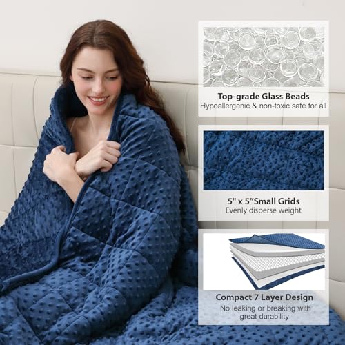 Image of Minky Dot Weighted Blanket for Adults Queen Size 15 lbs, Soft Cozy Heavy Blanket for Stress Relief and Sleep Promotion, Warm Blanket for Autumn Winter with Glass Beads, Navy Blue 60 x 80 inches