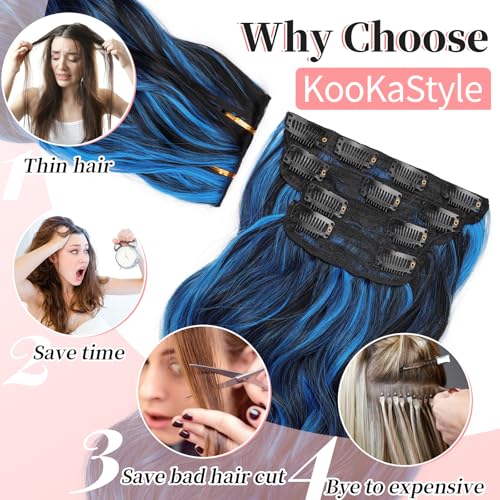 Image of Wavy Thick Clip in Hair Extensions 24 inch Blue - Black Streak | 4 Pieces Clip in Extensions,Fiber Double Weft Hairpieces,Natural Volume,Beach Wave Long Synthetic Hairpieces for Women