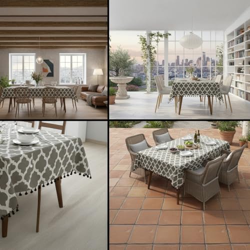 Image of HOMEMONDE Cotton Rectangular Dining Table Cover 4 Seater 40 X 60 Inch Printed Center Table Cloth With Decorative Fringes-(Grey,101 X 152 CM)