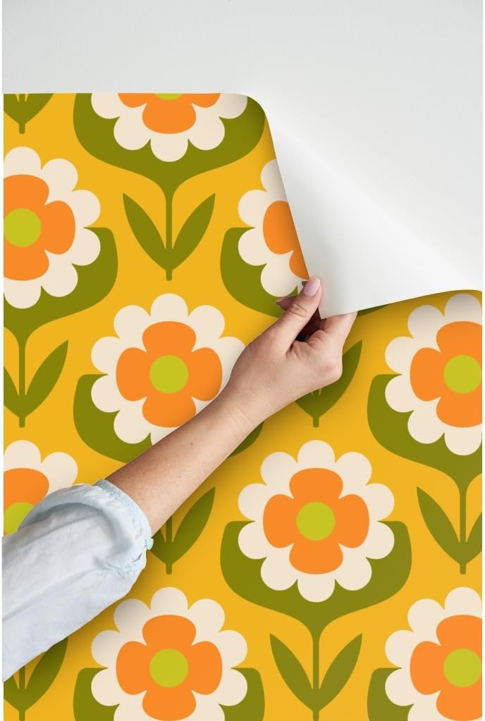 Peel & Stick Wallpaper 6ft x 2ft - Retro Floral Groovy Mid Mod Boho Bohemian MCM Midcentury Modern 1960S 1970S Yellow Green Orange Custom Removable Wallpaper by Spoonflower