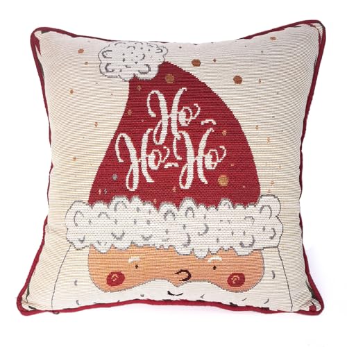 Image of Christmas Tapestry Throw Pillow Cover 16x16 Inch - Festive Woven Jacquard Santa Claus Cushion Case - Red TC Backing, Piped Edges, Hidden Zipper - Decorative Holiday Home Decor for Sofa/Couch