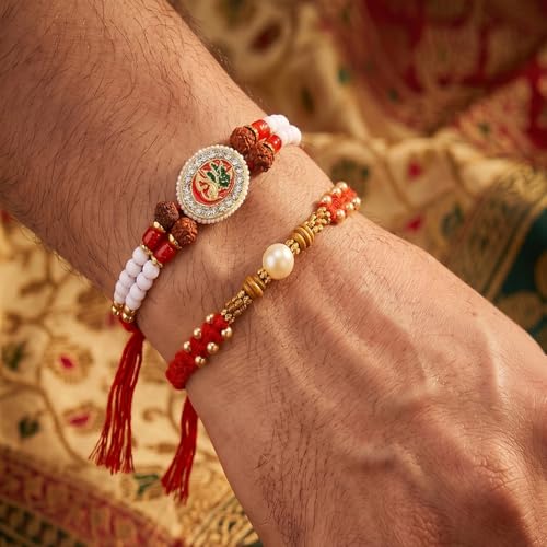 Image of Peora Rakhshabandhan Thread Rakhi for Brother Bhaiya | Kundan Beads & Crystal Studded | Combo Set of 2 | Rakhi Hamper Roli Chawal & Greeting Card