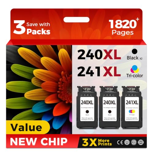 Image of PG-240 CL-241 XL Ink Cartridge Replacement for Canon 240XL 241XL Combo Pack | 3-Pack for PIXMA MG3600 MG3620 TS5120 MG3520 MX472 TS5100 MG3220 MG3520 MG2120 MX472 Printer Black Color