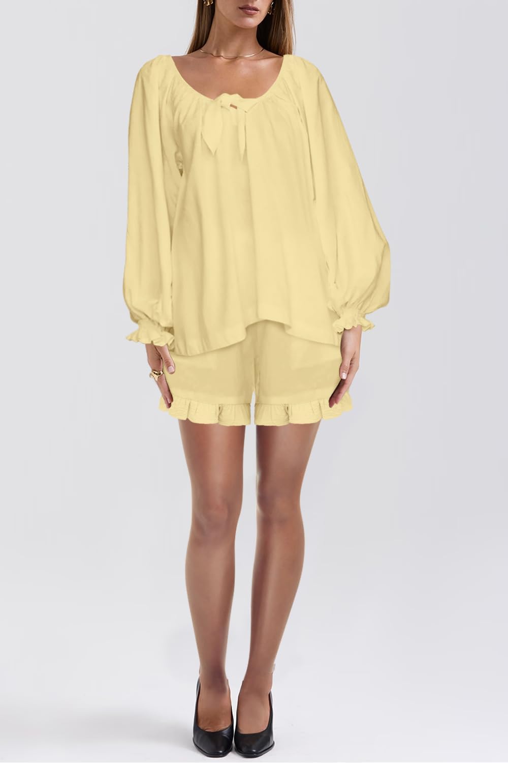 Womens 2 Piece Pajamas Puff Sleeve Ruched Tops and Matching Shorts Sleepwear Outfits Sets for women loungwear - Image 2