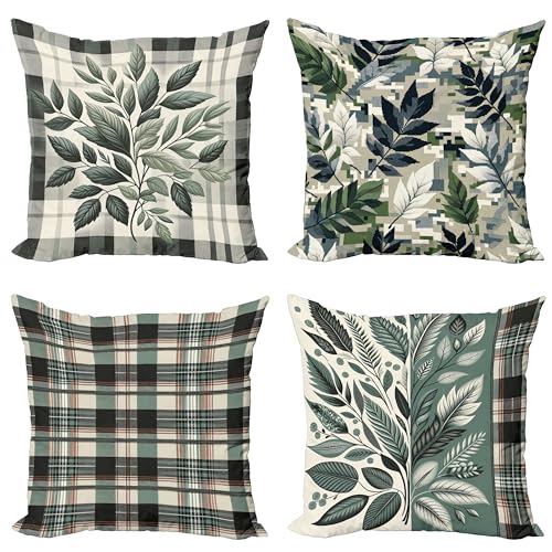 Ambesonne Leaves Throw Pillow Cushion Cover Set of 4, Rustic Country Farmland Style Leaf Art and Tartan Plaid Checkered Print, Decorative Accent Double-Sided Printing, 18", Grey Teal Dark Taupe