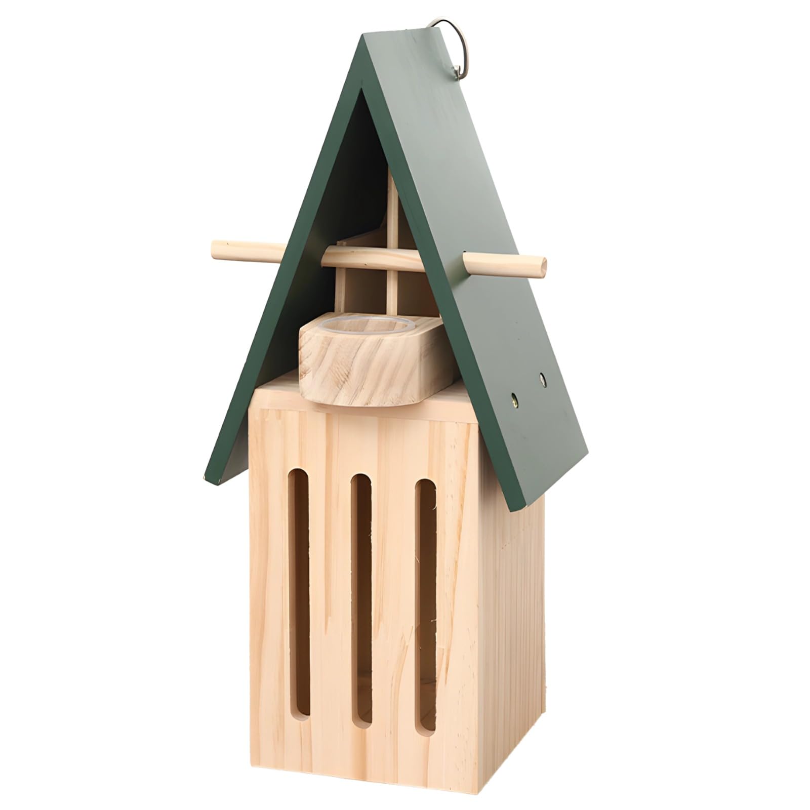 Schmetterlingshaus aus Holz, Schmetterlingsfutterstation für den Garten, 12 x 9 x 28 cm Schmetterlingshabitat für den Außenbereich, Grün und Holz, mit Futtertablett und Metall-Aufhängering