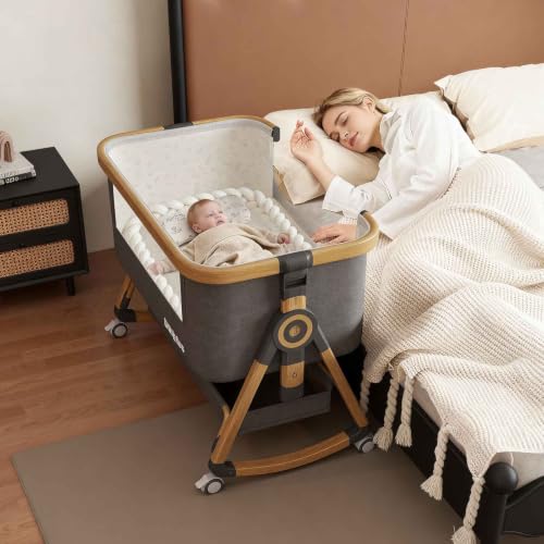 Baby Bassinet, 4 in 1 Bedside Cribs with Mosquito Net 4D Air Fiber Mattress, Waterproof Mattress Baby Cot Bedside Sleeper with 360° Wheels & Storage Basket, Light Grey