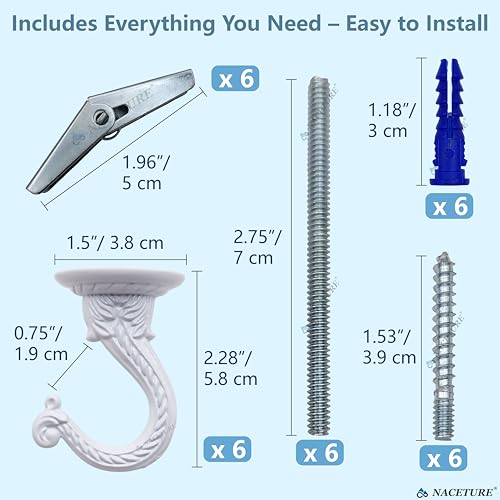 NACETURE E Style Ceiling Hooks for Hanging Plants- 6 Pcs Vintage Style Ceiling Plant Hanger Hooks Outdoor or Indoor- Sturdy Plant Hooks for Hanging Lights, Flower Baskets and More (White 6 Pack) by NACETURE - Image 2