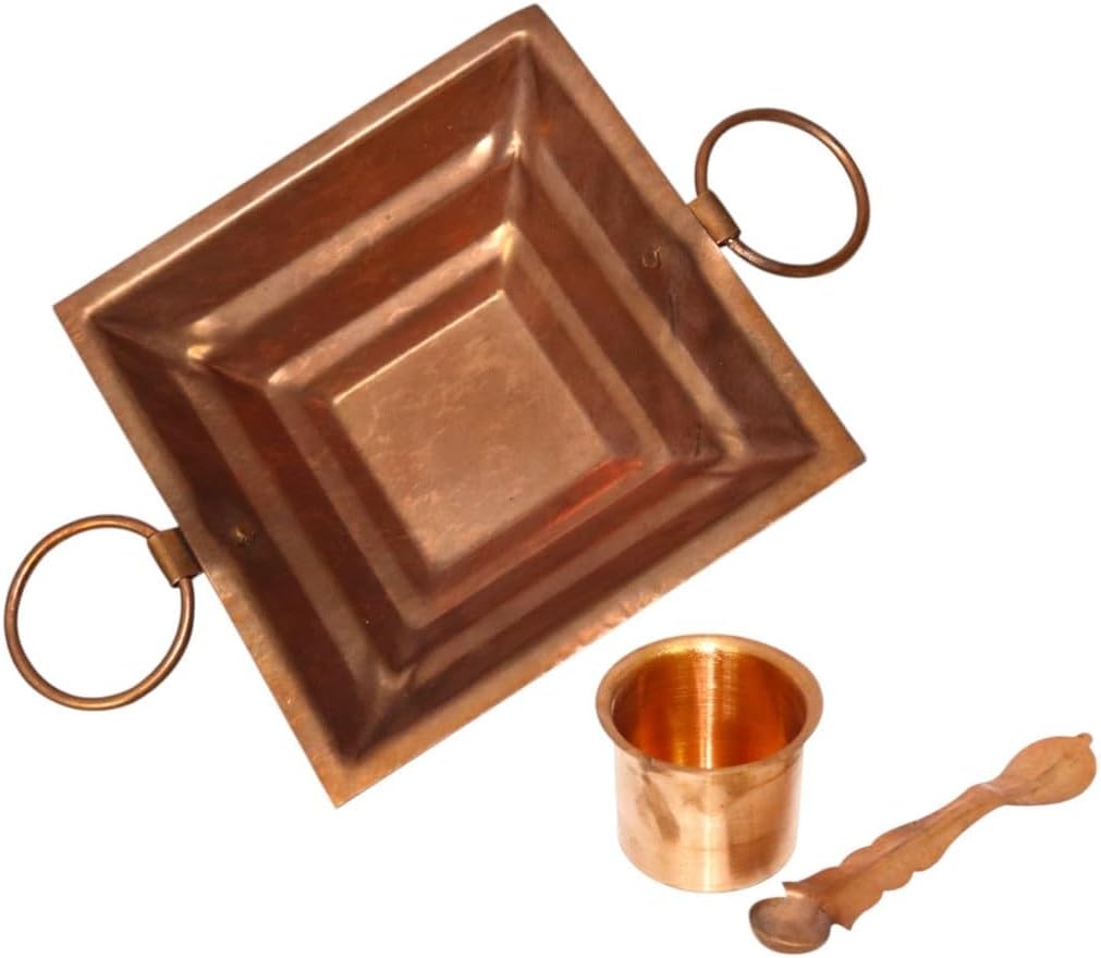 BRACOP® Pure Copper Havan Kund with Pot Pooja Kit Havan Spoon Religious Pooja Samagri Diwali Pooja, Hawan, Temple Mandir Decoration Agnihotra Copper Pyramid Hindu Figure Religious Women Gifts