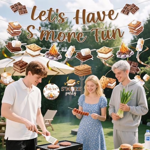 Image of Smores Camping Birthday Party Banners Swirls Decorations 11PCS | Smores Camping Party 11pcs, Glitter Banners Swirls, Cardstock Decor, Campfire Theme, Party Decor for Kids Camping