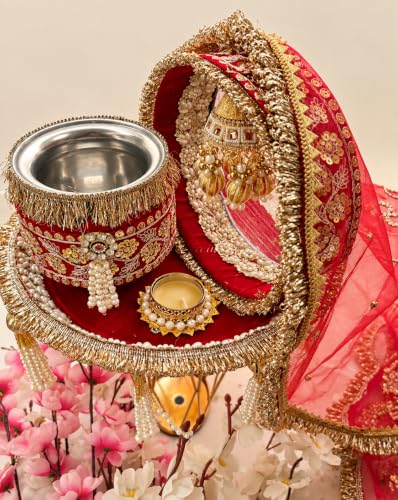 Image of Karwa Chauth thali Set, Pooja thali, Decorate thali, Decor, Red & Gold, Pink & Gold Karwa Chauth thali Set
