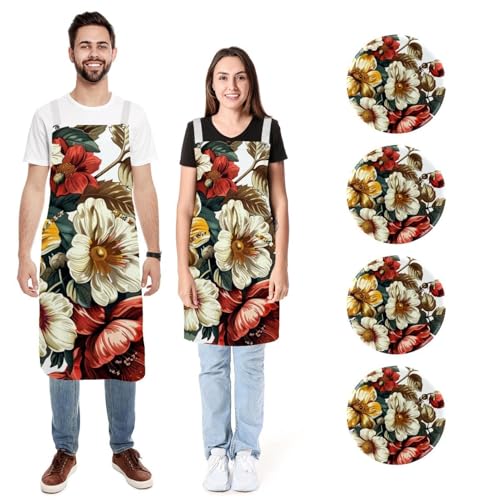 Tabliers de cuisine pour homme et femme étanches avec poches lot de 2 style vintage fleuri
