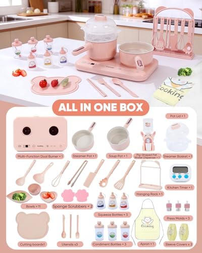 Cooking Sets Real Electric Dual Stove - Montessori Real Cooking Set with Mini Kitchen Tools, Safe Utensils, Apron & Cookware - Great for Pretend Play Montessori Learning (Pink) - 1