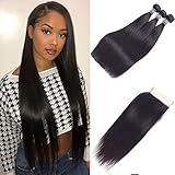 Amella Hair Brazilian Straight Human Hair Bundles with Closure 10A Unprocessed Mink Virgin Straight Human Hair 3 Bundles with Closure Free Part(20 22 24+18Closure)