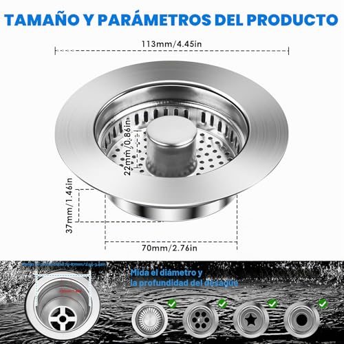 Miniatura 2 de Feirdhoo 3 En 1 Tapon Fregadero Cocina De Acero Inoxidable, Tapón Fregadero Cesta Universal, Tapón Desague Fregaderos Con Filtro, Con Orificio De 75-86 Mm