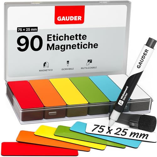 GAUDER Etichette magnetiche | (75 x 25 mm) Etichette per lavagna | Calamite da frigorifero