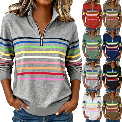 Womens Half Zip Sweatshirts Striped Collar V Neck Long Sleeve Tops - image 1