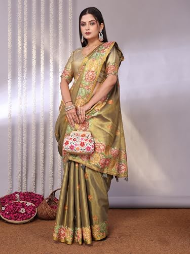 Image of SWORNOF Gold-Toned Woven Design Silk Zari Tissue Saree | Saree for Women | Soft and Skin Friendly