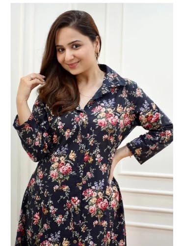 Image of DHRUVI TRENDZ Anarkali Kurta-Set for Women - Viscose Rayon Printed Kurta & Straight Pant | Festive Ethnic Indian Traditional Outfit for Functions & Puja | Lightweight Two Piece Dress for Daily Wear & Holiday Look | 3 /4 Sleeve