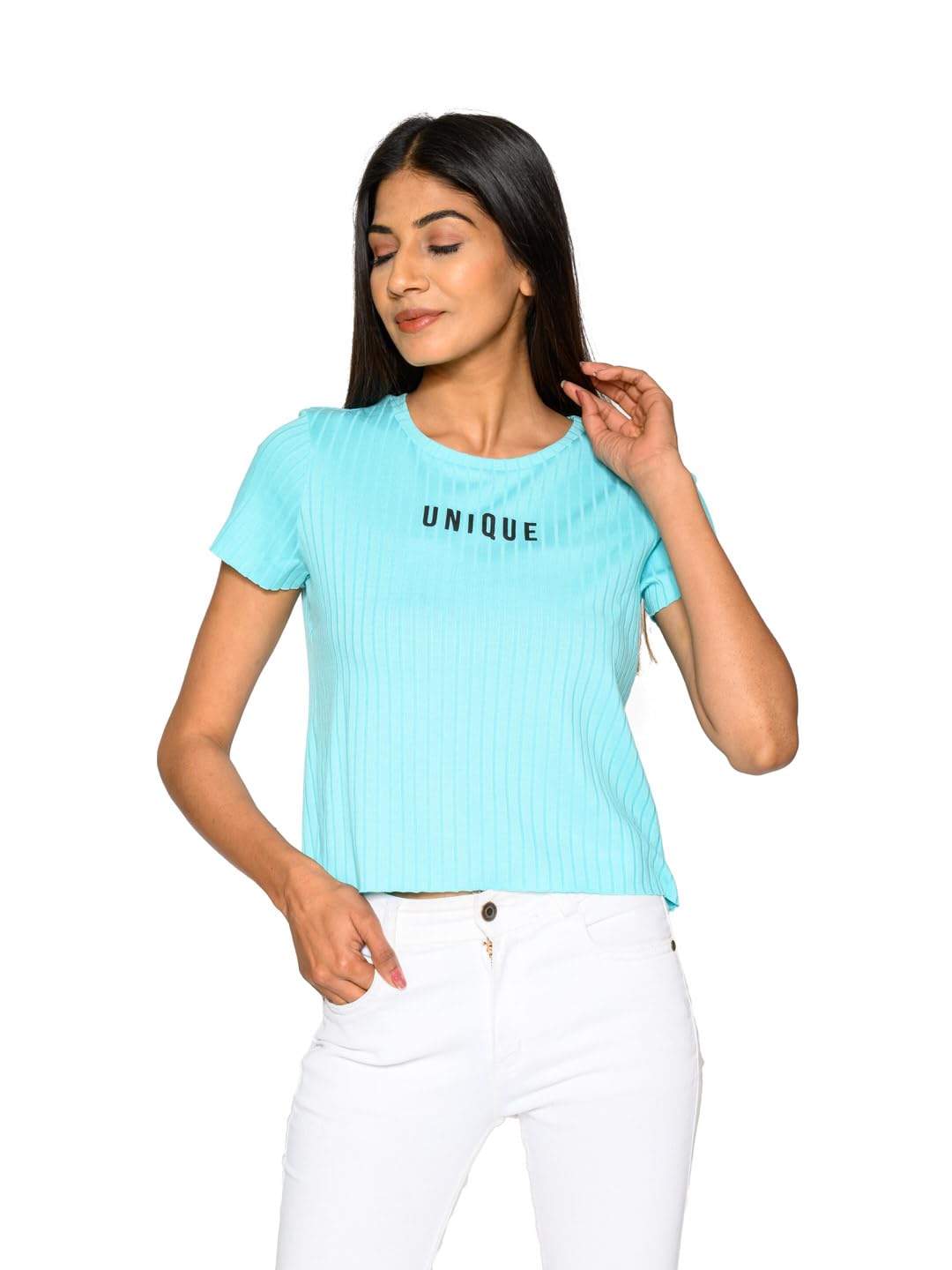 AMADORE Women Printed Round Neck Viscose Rayon Blue T-Shirt