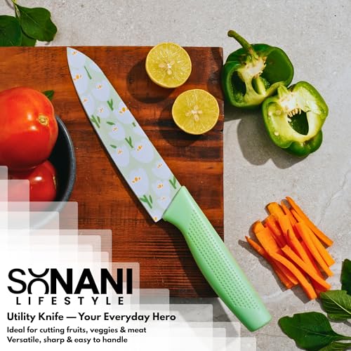 Image of Professional Piece Kitchen Knife Set - High Carbon Stainless Steel Chef, Utility & Santoku Knives with Ergonomic Blue Handles Knife (Light Green, 3 piece)