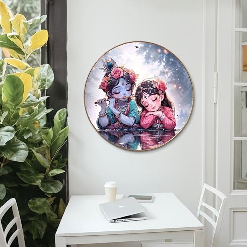 Image of Livin'luxe Baby Radha Krishna Round Art Print with Golden Frame | Cute Flute HD Art Print for Kids Room Pooja Living Room (23x23 Inch) Art-GR-205