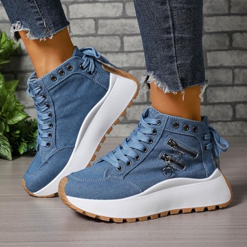 High Heel Wedge Sneakers for Women Fashion Lace up Canvas Casual Shoes Womens Platform High Top Canvas Sneakers Metal Zipper Flatform Arch Support Comfortable Running Sports Shoes2