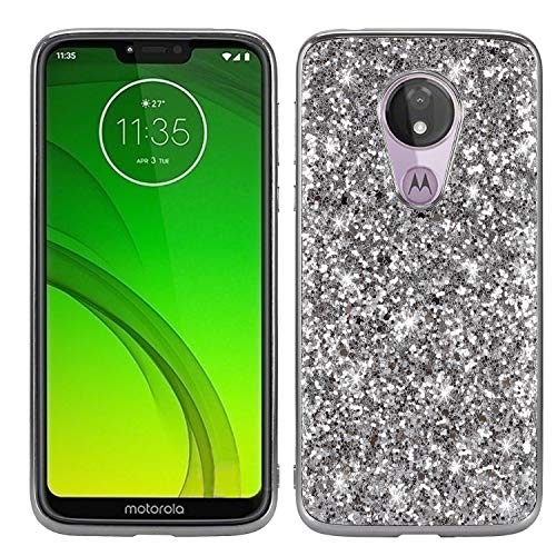 WIWJ Motorola Moto G7 Power Glitter Case,Soft Silicone Case Glitter Sparkle Sequins Rhinestones Glossy Case Soft Protective Shell Gel TPU Diamond Bumper Back Cover Female Shell -Silver