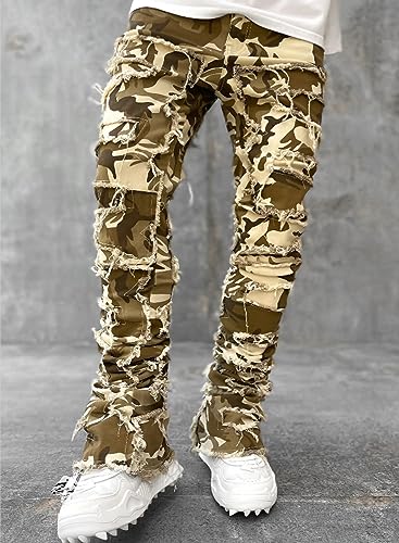 Jeans for Men Stretch Fit Skinny Stacked Ripped Destroyed Jeans Slim Fit Patch Y2K Denim Pants Slim Fit Trousers Streetwear Camo3