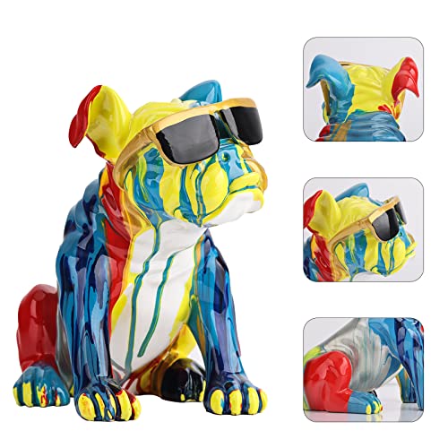 French Bulldog Decor Colorful Dog Statue,Creative Graffiti Bulldog Figurines Home Decor Sculpture,Dog Sitting With Sunglasses Figurines, For Shelf Decor Accents Living Room Office Interior Filling #TOP2