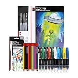 Marabu Mixed Media Drawing Set - 20 Sheets Watercolor Paper, 12 Watercolor Pencils with 10 Watercolor Crayons and Water-Fillable Brush Set - The Ultimate Landscape Adventure