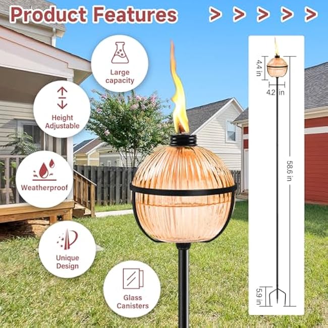 Citronella Torches Set of 4, 16 oz Glass Garden Torches for Outside, 3-Prong Grounded Stake Outdoor Torches, 58.6 inch Outdoor Torch for Yard, Patio, Deck, Party