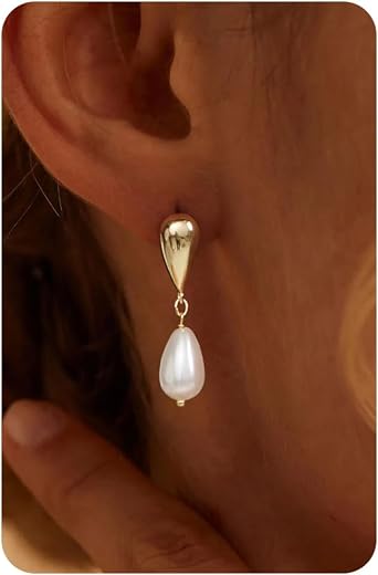 HANLI Women's Gold Pearl Earrings 14 Kt Gold Plated Anti-Allergy Minimalist Jewellery for Women
