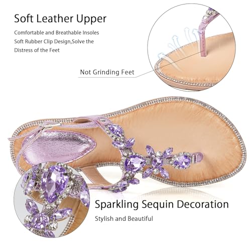 Image of iCKER Women Rhinestone Sandals T-Strap Buckle Bohemian Pearl Crystal Flat Sandals