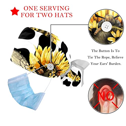 Image of 2 PCS Bouffant Cap with Button Ponytail Pouch Working Cap Sweatband Adjustable Surgical Cap Black and White Cow