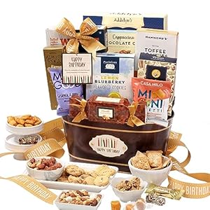 Broadway Basketeers Happy Birthday Gift Basket with Chocolates & Sweets Send Happy Birthday Wishes With This Beautiful Display Basket Enjoy a Large Assortment of Sweets & Savory Treats, Perfect for Mom, Dad, Friends