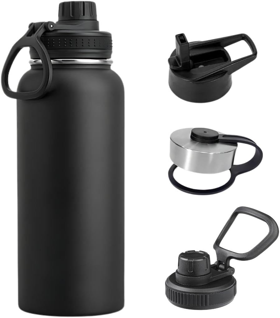 32oz Sports Water Bottle - Stainless Steel Gym & Sport Bottles for Men, Women & Kids - Double Walled, Insulated Thermos, Leak Proof with 3 Lids (Straw Lid) (32 Oz, Black)