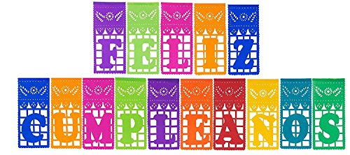 Paper Full of Wishes I Mexican Plastic Papel Picado Banner I Feliz Cumpleaños I Multi-Color Large Letrero Banner for Mexican Birthday Celebrations