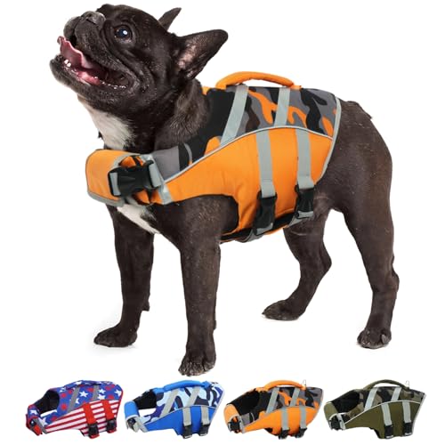 Kuoser Dog Life Jacket with Reflective Stripes - Adjustable High Visibility Vest, Ripstop Lifesaver, Pet Preserver with High Flotation Swimsuit for Small, Medium and Large Dogs XS (Chest Gir