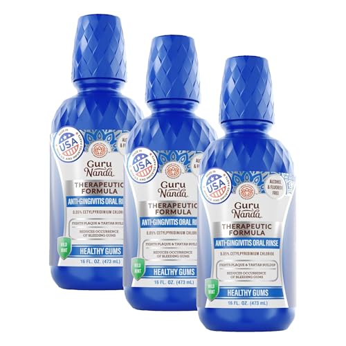 Image of GuruNanda Healthy Gums Mouthwash for Gingivitis & Bleeding Gums - Antigingivitis Oral Rinse with 0.05% CPC - Alcohol-Free, Fluoride-Free Plaque Control - Wild Mint, 16 oz (Pack of 3)