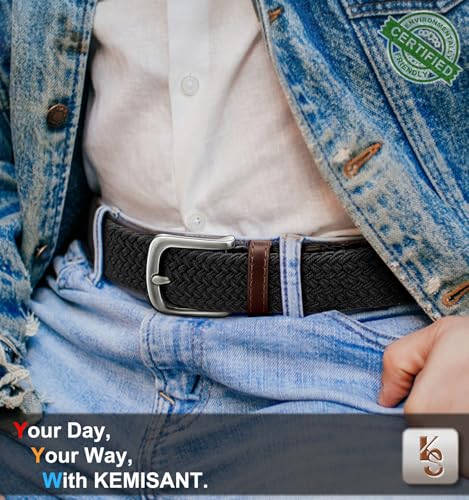 Image of KEMISANT Men Belt-Stretch Woven Braided Belt For Gift Men Golf Casual Jeans Dresses with Nylon Canvas 1 3 /8 inch