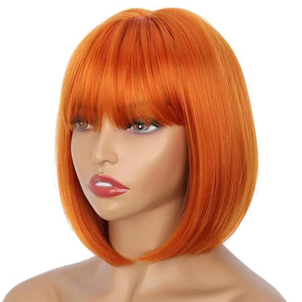 Haarpflege Kurze Gerade Bob Echthaarperücke Mit Pony Für Frauen(Orange,8inches)