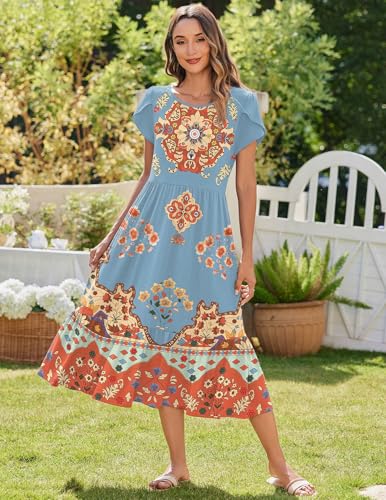 Image of Zeagoo Women Summer Midi A Line Dress Short Sleeve Casual Flowy Tiered Beach Long Sundress with Pockets 2026 Vacation Travel