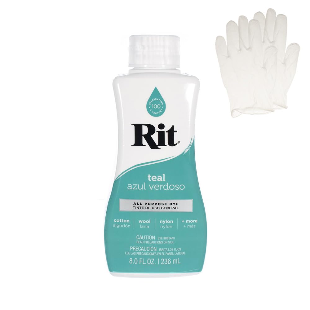 Rit Dye - Liquid Fabric Dye for Crafting Clothing, and Décor - 8 oz. Bottle - Teal (Gloves Included)