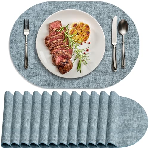 Placemats Set of 12 Washable, Heat Resistant Table Placemats Wipeable Faux Leather Oval Place Mats Non Slip, Waterproof Oval Table Mats for Indoor Outdoor, Light Blue