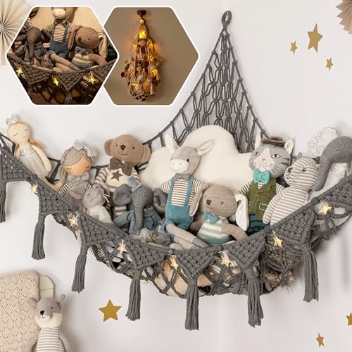 TIDYTEDS Macrame DreamLights Boho Stuffed Animal Storage Net or hammock Extra Large for Small or large Plushies. Plush Gray Toy Storage Holder