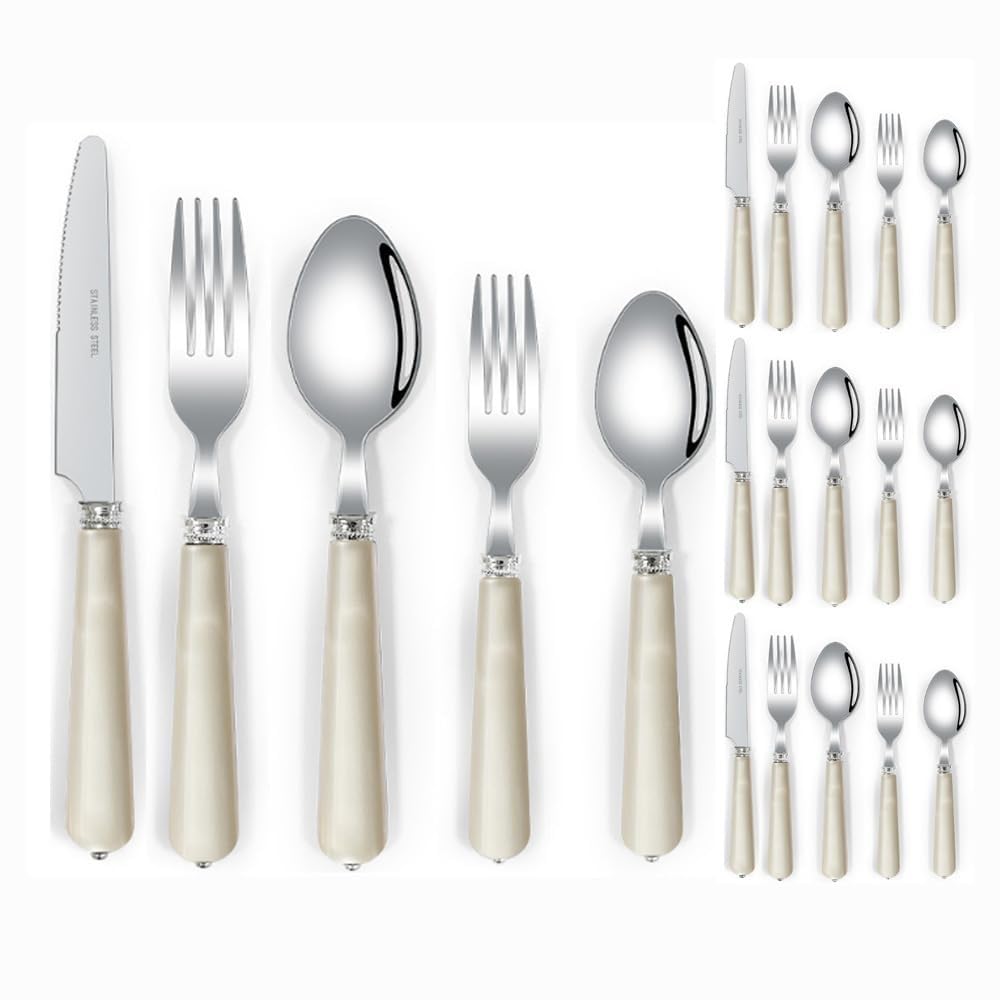 ABS Perle Poignée Cuisine Acier Inoxydable Argenterie Vaisselle Couverts Ensemble De Couverts Couteau À Steak Fourchette Cuillère Cuillère À Café Ustensiles (Beige,20 pièces)