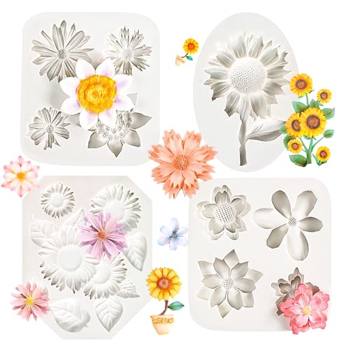 KALAIEN 4Pcs Sunflower Fondant Silicone Mold