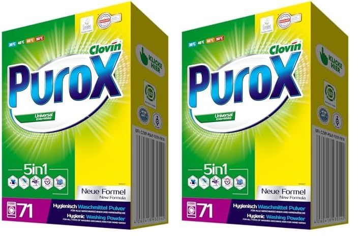 PUROX UNIVERSAL Detergente en Polvo (71 Lavados) para ropa de color y blanca, caja de 5 kg (Paquete de 2)